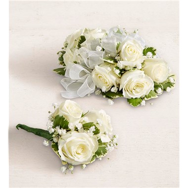 White Spray Rose Corsage And Boutonniere